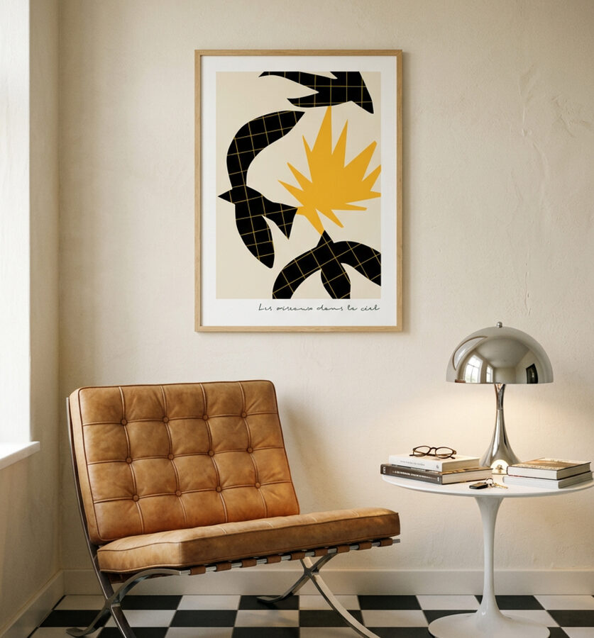 Poster A4 encadré personnalisé (bois ou noir) — Atelier Beaumur, exemple en situation